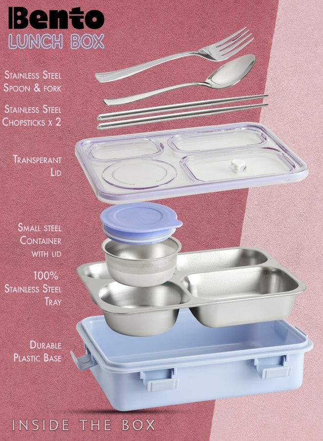 Brand Conquer Lunch Box Leak-Proof BPA Free Stainless Steel for School, Lunch Box for School & Office with a Fork, a Spoon and a Pair of Chopsticks (Light Purpple, 4 Compartment) - Image 2